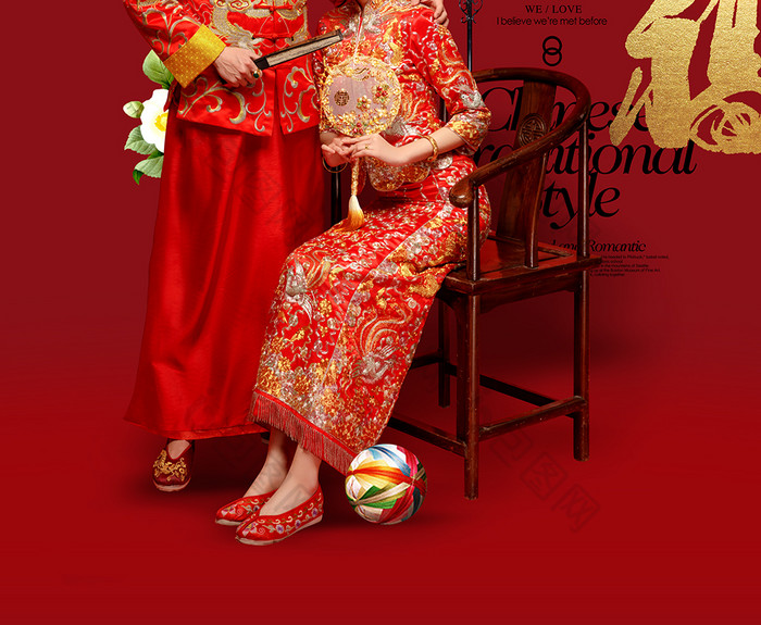 中式婚纱摄影婚庆红色喜庆结婚主题婚礼海报图片