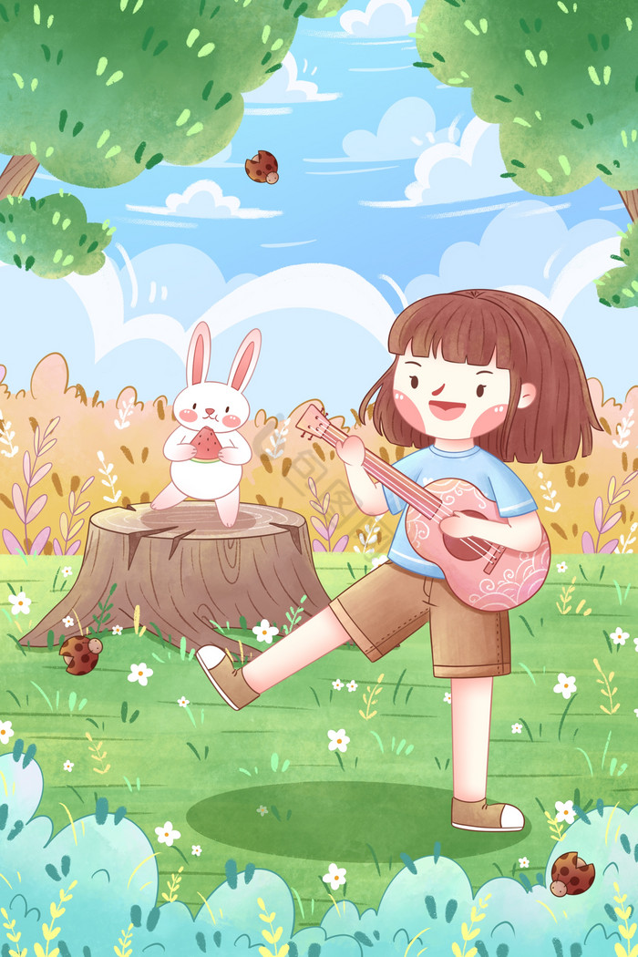 二十四节气立夏女孩弹吉他插画图片