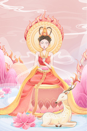 唯美国潮敦煌手执莲花美女插画