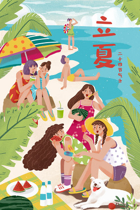 原创绿色清新竖版节气立夏插画