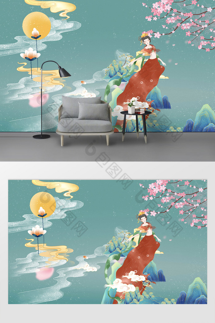 高雅敦煌美女国潮客厅背景墙图片图片