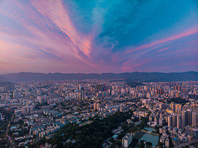 大气夕阳下的福州城市景观摄影图