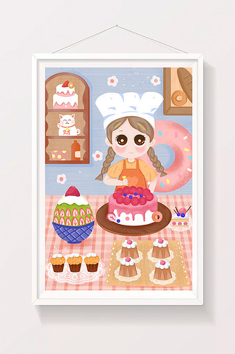 可爱卡通甜品店吃货女孩做蛋糕美食插画图片