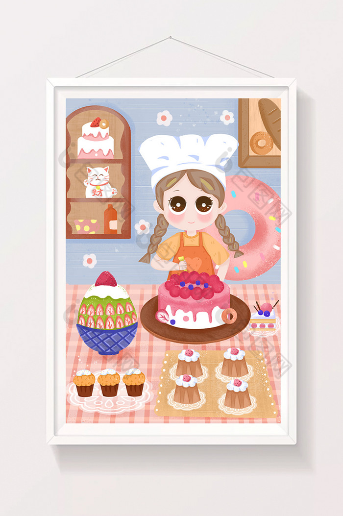 甜品店吃货女孩做蛋糕插画图片
