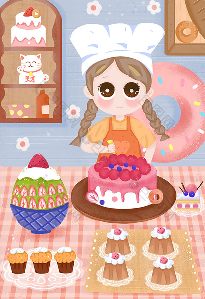 可爱卡通甜品店吃货女孩做蛋糕美食插画