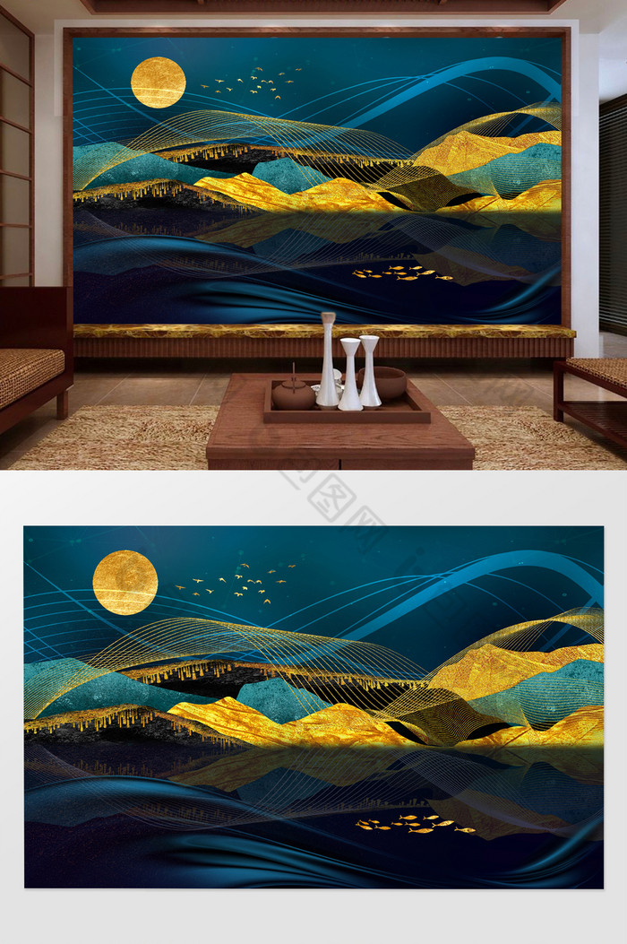 新中式轻奢抽象山水金色线条电视背景墙图片图片