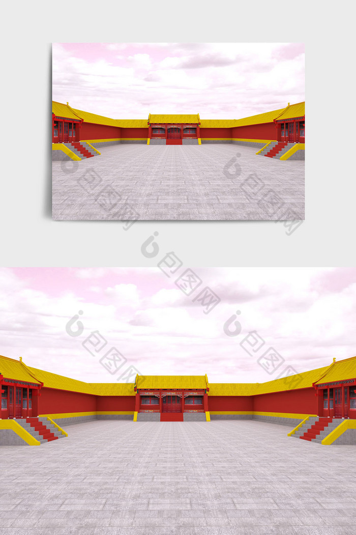 红黄色中式风格宫廷建筑主题C4D创意场景图片图片