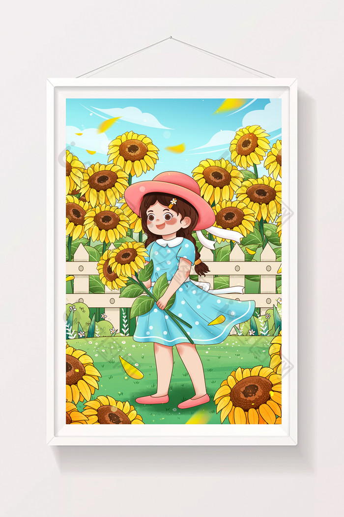 清新二十四节气立夏向日葵女孩夏天出游插画