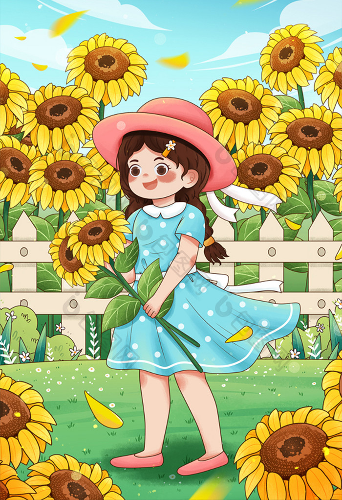 清新二十四节气立夏向日葵女孩夏天出游插画