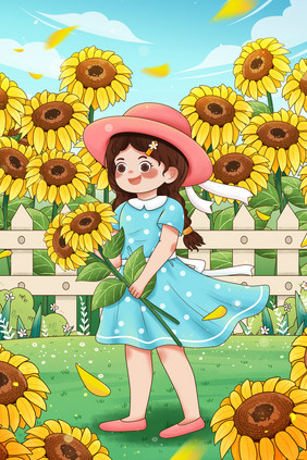 清新二十四节气立夏向日葵女孩夏天出游插画