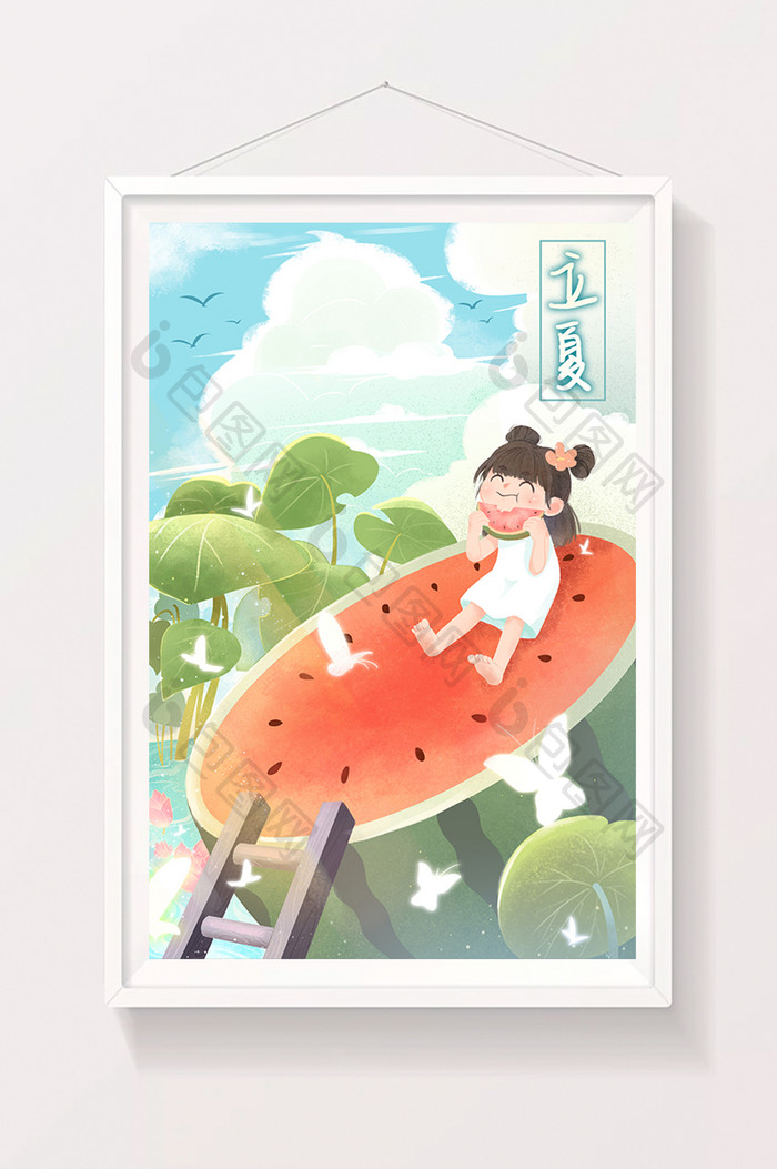 暖阳调夏日午后女孩童惬意吃瓜立夏插画