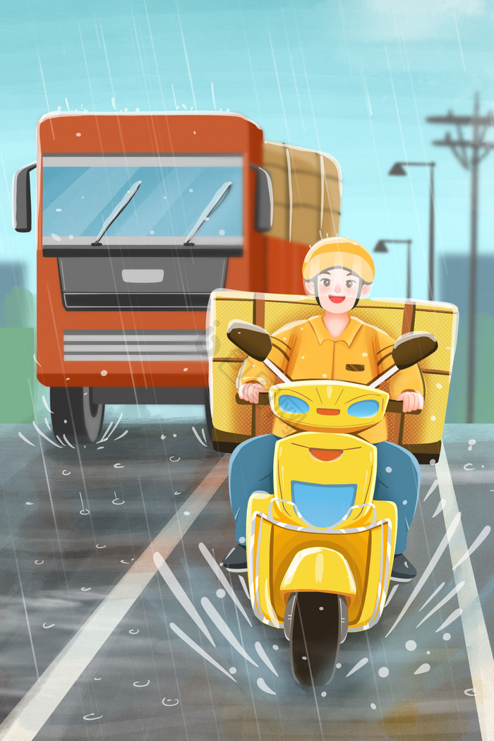 风雨无阻骑摩托送餐的外卖员插画图片