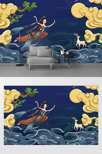 中国风国潮敦煌飞天仙女鹿海浪客厅背景墙图片