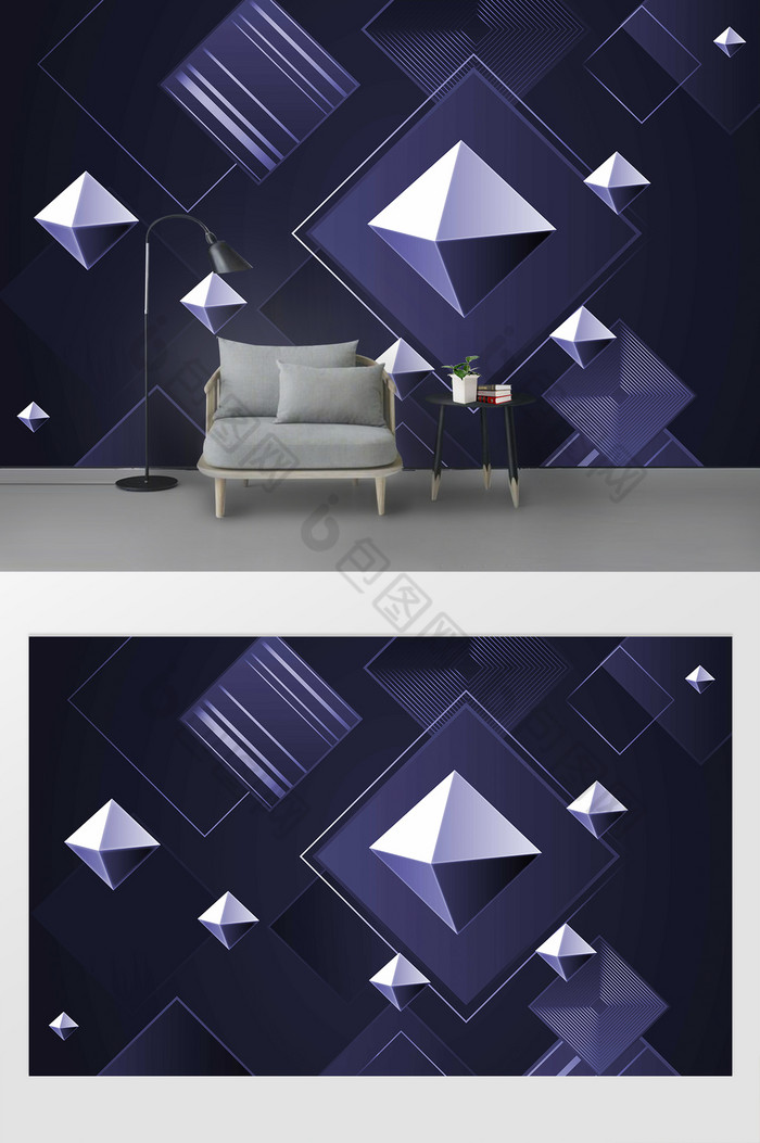 几何金属多面体机何体蓝色智能背景墙图片图片