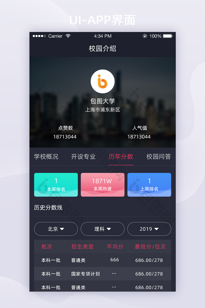 深色简约大气教育app历年分数UI界面