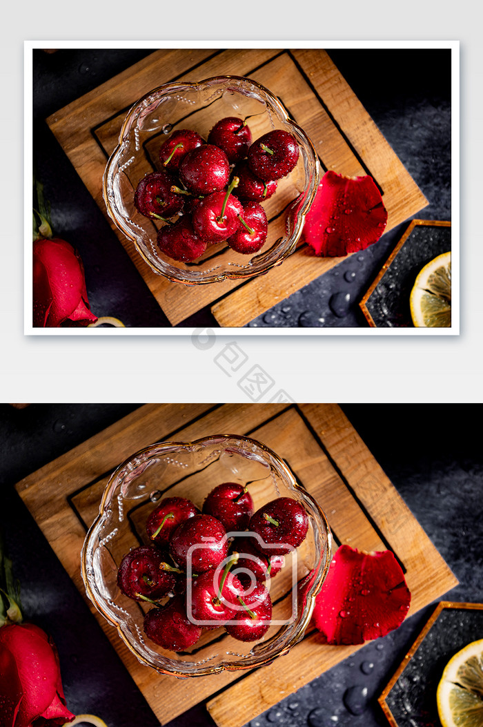 夏日水果 樱桃 玻璃碗装水果摄影图