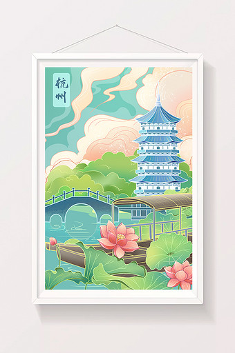 绿色中国风杭州雷峰塔城市旅游荷花插画图片