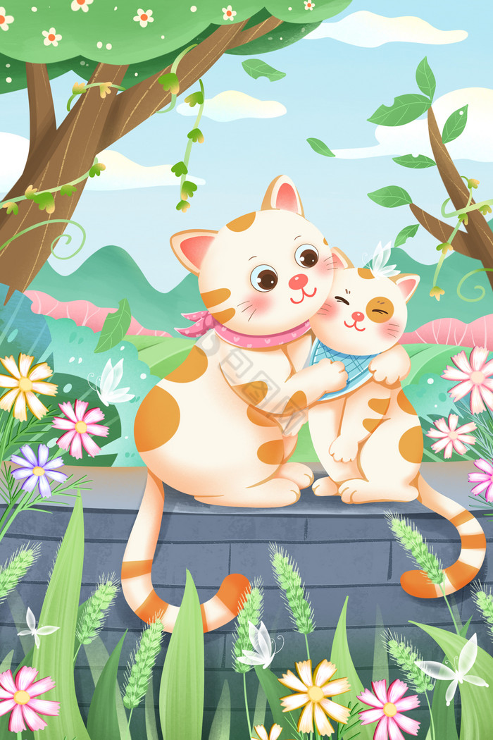 温馨的猫妈妈和猫宝宝拥抱插画图片