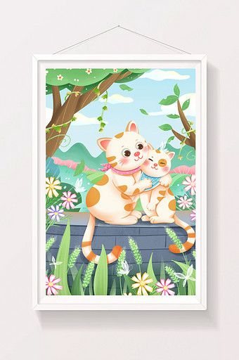 可爱温馨的猫妈妈和猫宝宝拥抱插画图片