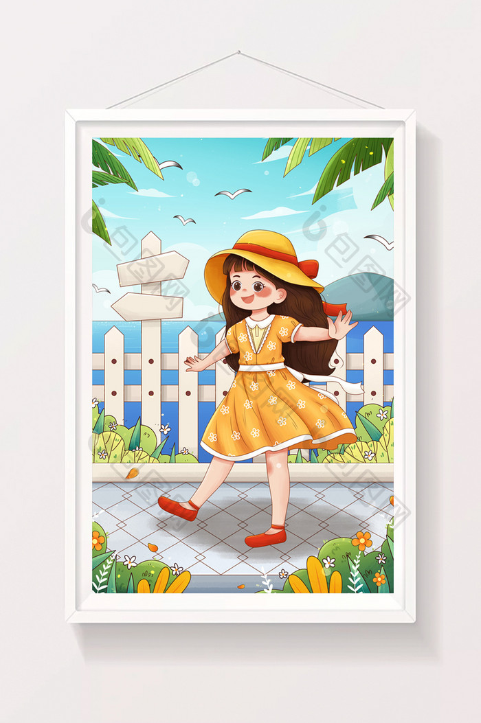 清新二十四节气立夏海边女孩夏天出游插画