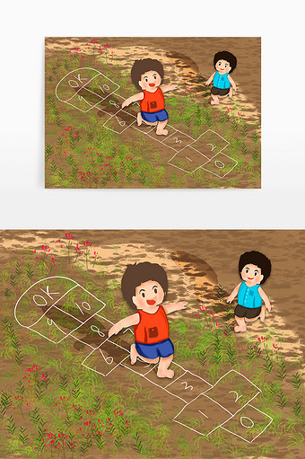 简约卡通草地上儿童游戏跳房子元素