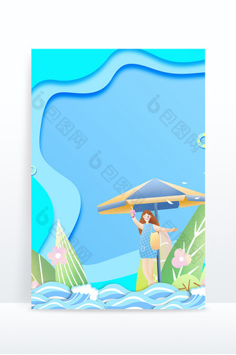 蓝色剪纸风立夏节气卡通插画背景图片