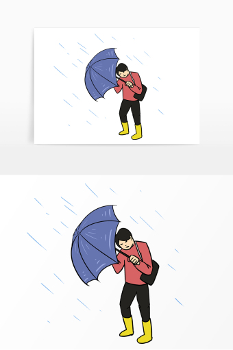 狂风暴雨下雨打伞男孩