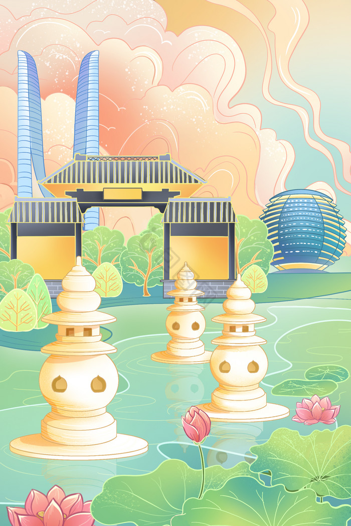 杭州旅游建筑三潭映月插画