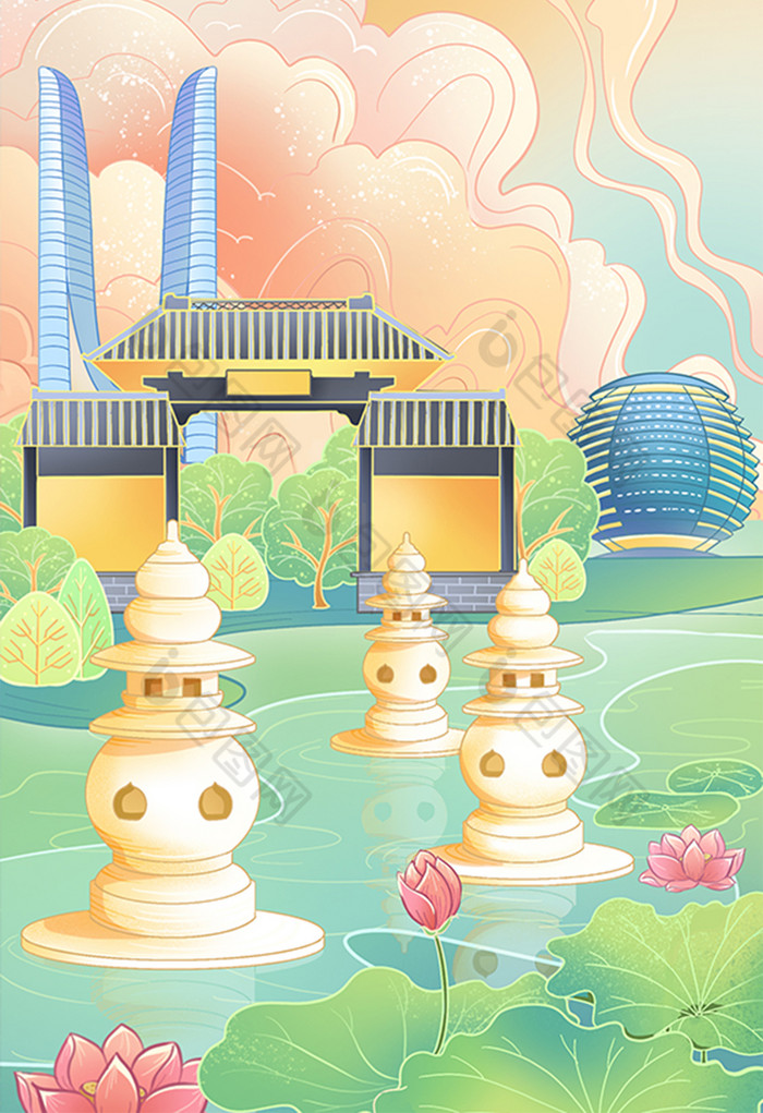 杭州旅游建筑三潭映月插画