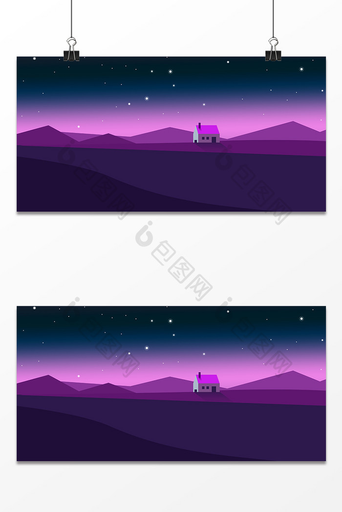 紫色夜色星空渐变山坡房屋背景