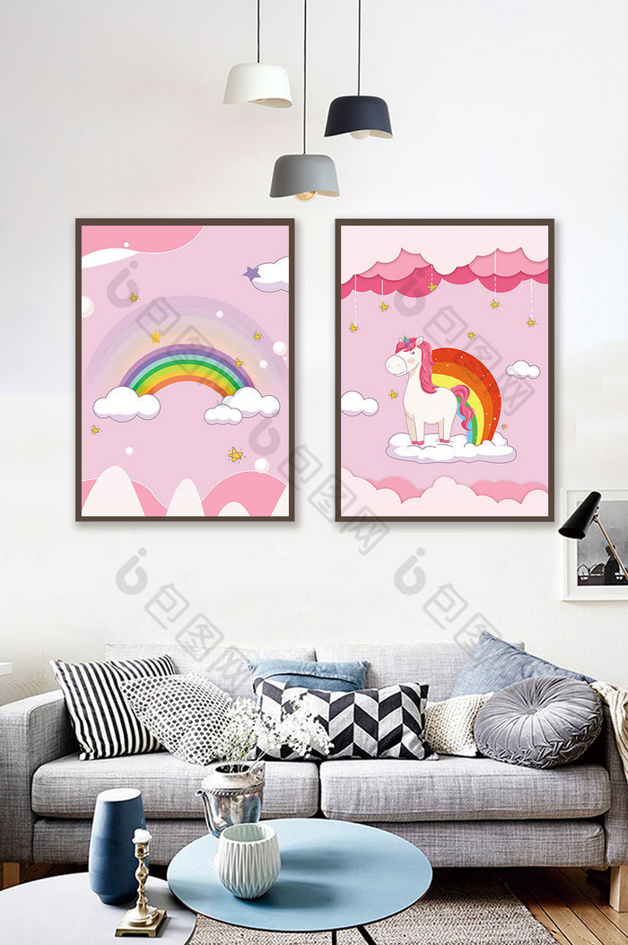 粉色马卡龙彩虹儿童房装饰画图片图片