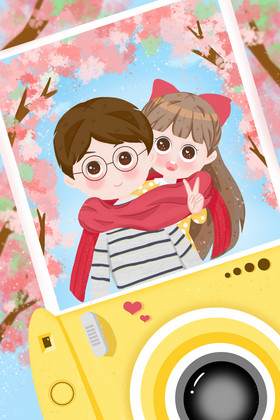 情人节樱花情侣拍立得合照插画