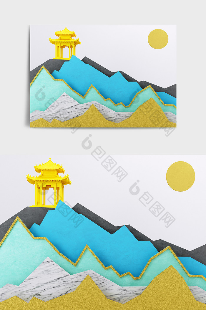 鎏金山水中式山水C4D元素图片图片