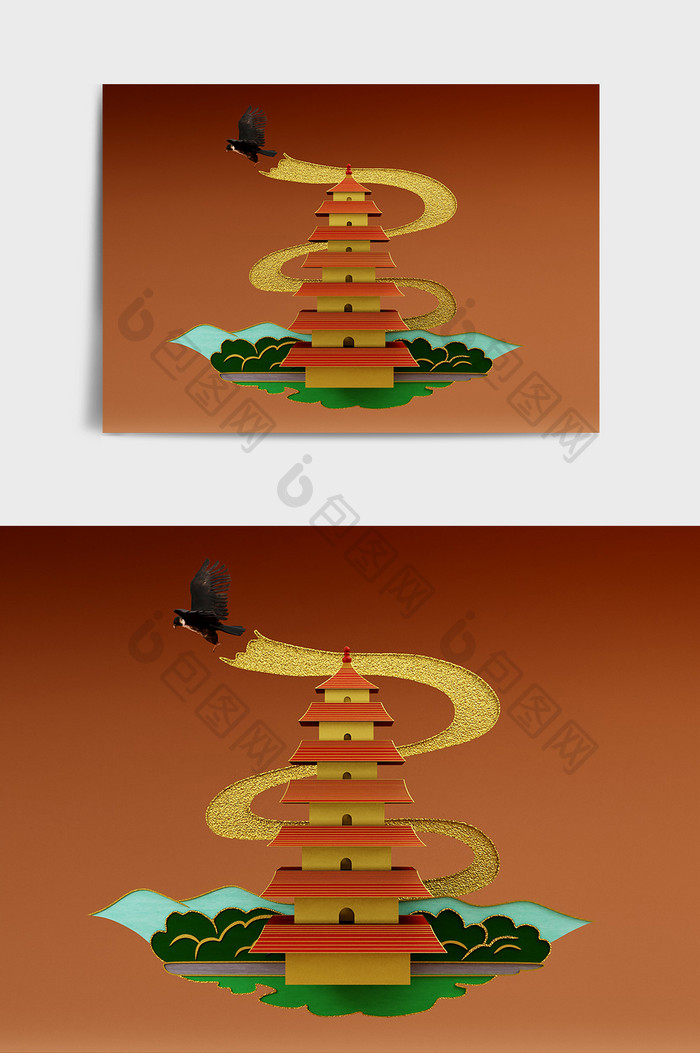 国潮鎏金西安大雁塔地标建筑C4D元素