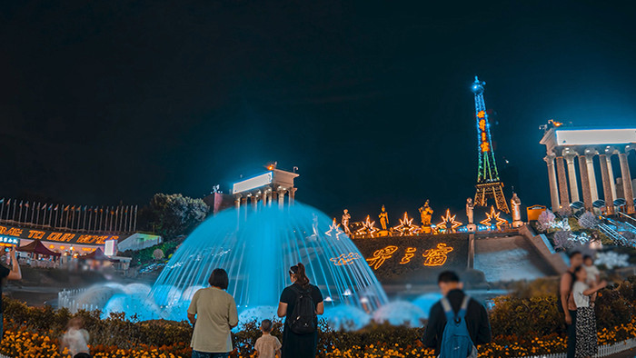 震撼青橙调世界之窗大门延时夜景