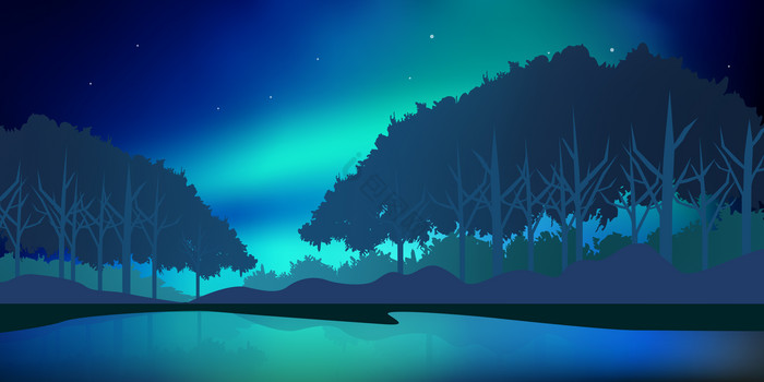 树林夜空激光湖边倒影图片