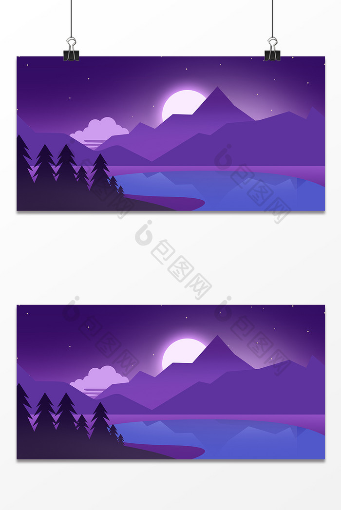 紫色渐变星空半遮月山头背景