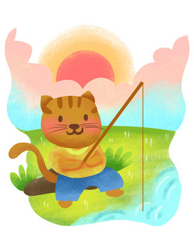 小猫河边钓鱼垂钓