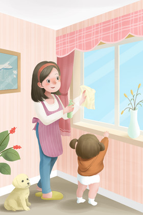 五一劳动节亲子互动做家务插画