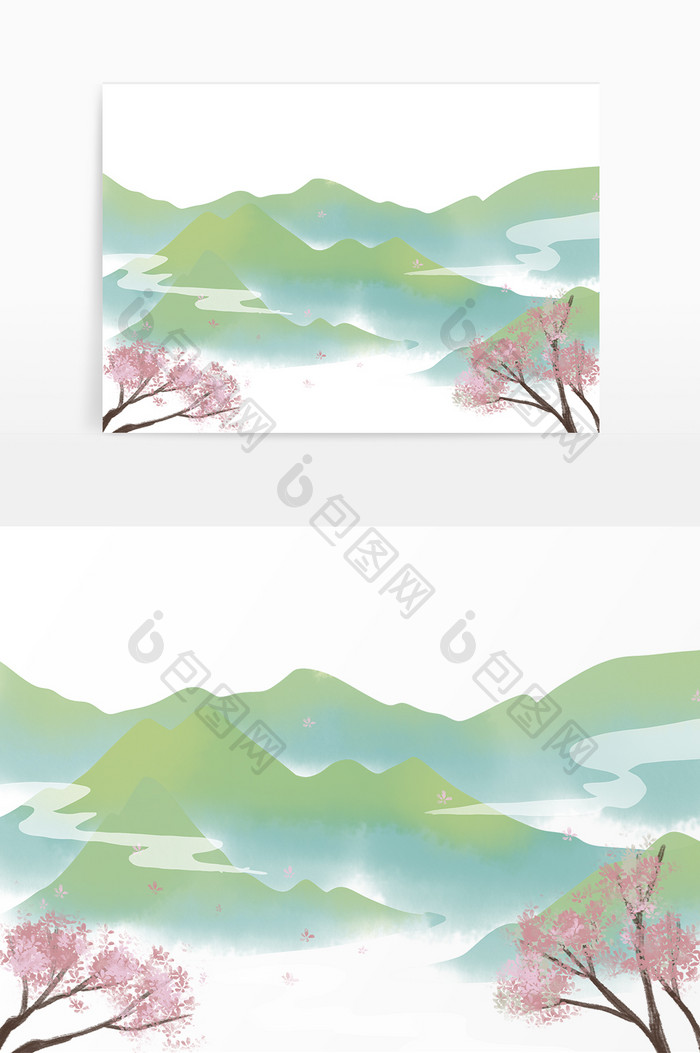 水墨山水花枝山水画