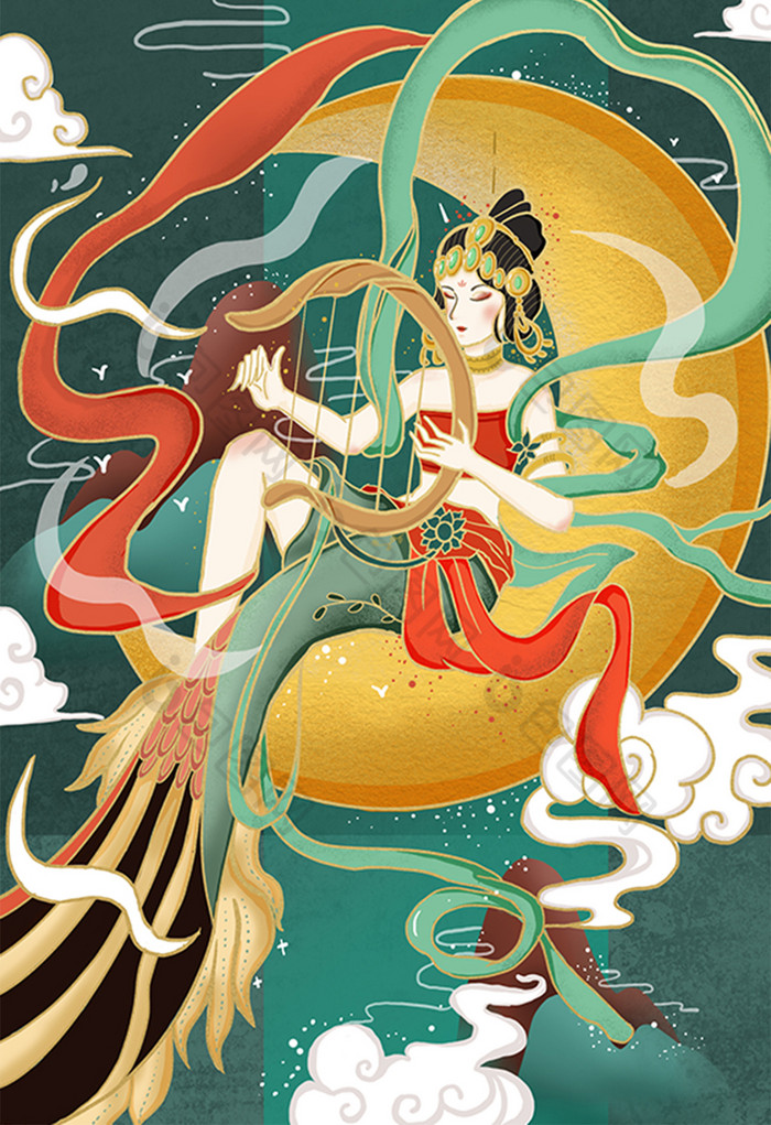 黄敦煌飞天插画图片