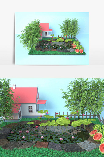 立夏元素 庭院 竹林 池塘 西瓜3D模型图片