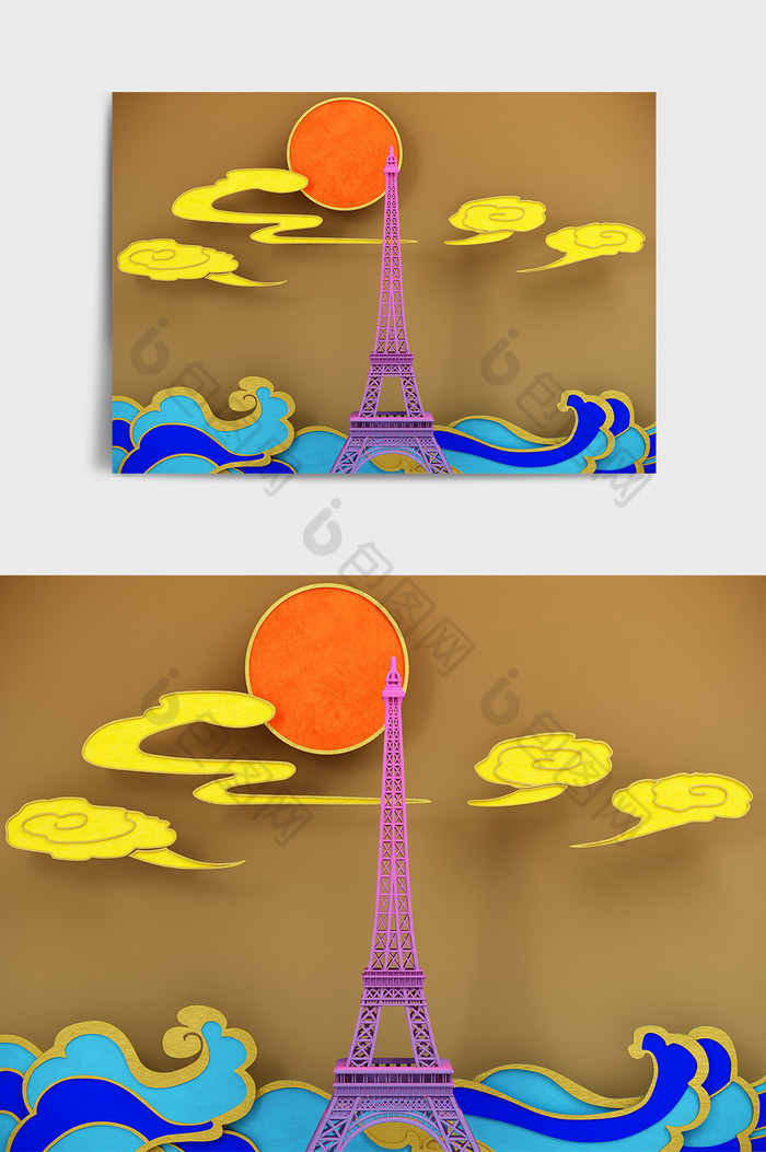 国潮鎏金苏州东吴塔地标建筑C4D元素图片图片