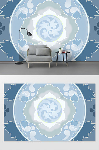 蓝色花纹壁画中国风壁纸背景墙图片