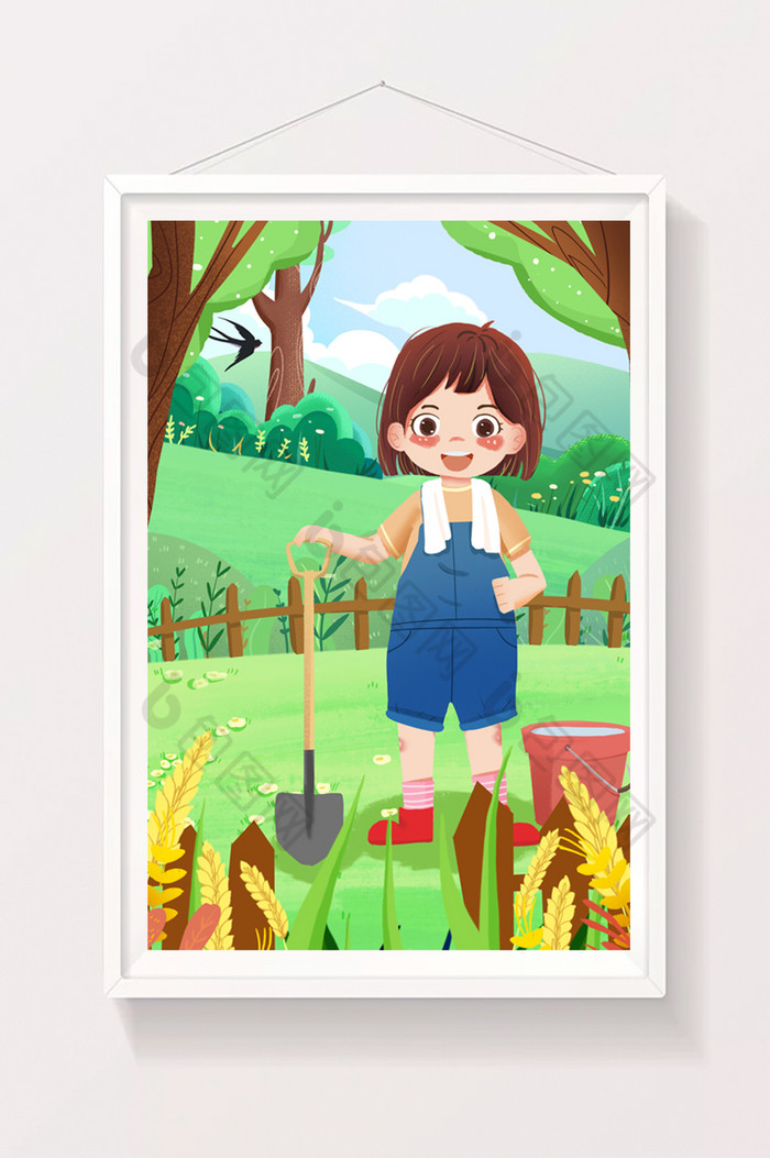 劳动节小女孩户外劳作铲子耕地种树插画图片图片
