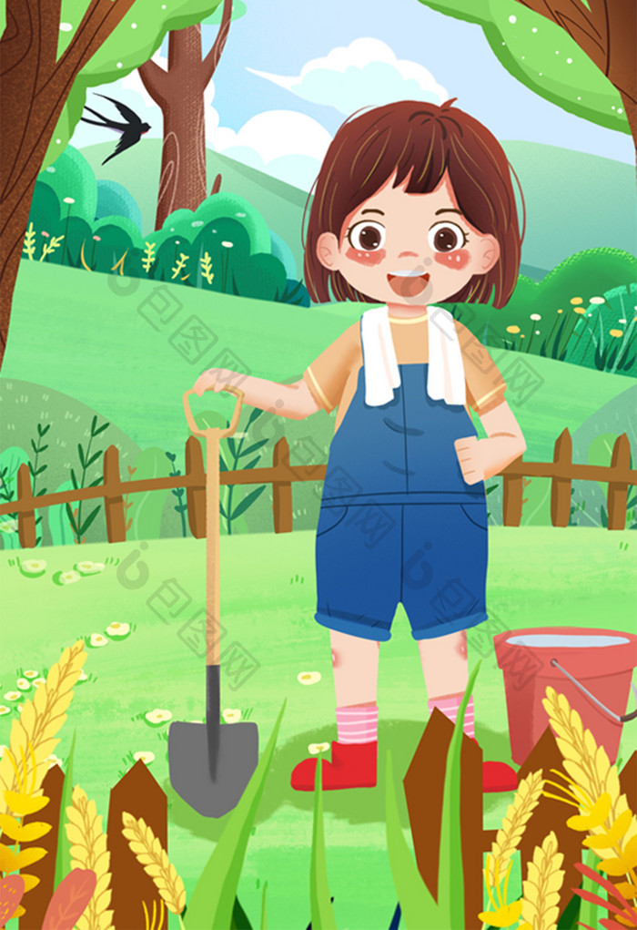劳动节小女孩户外劳作铲子耕地种树插画