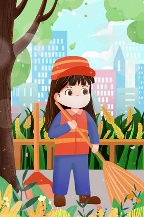 劳动节小女孩街道打扫树叶清洁保洁插画