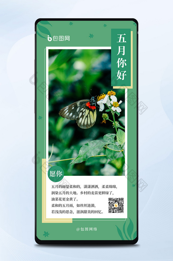 绿色树枝蝴蝶花朵五月你好每日一签手机海报