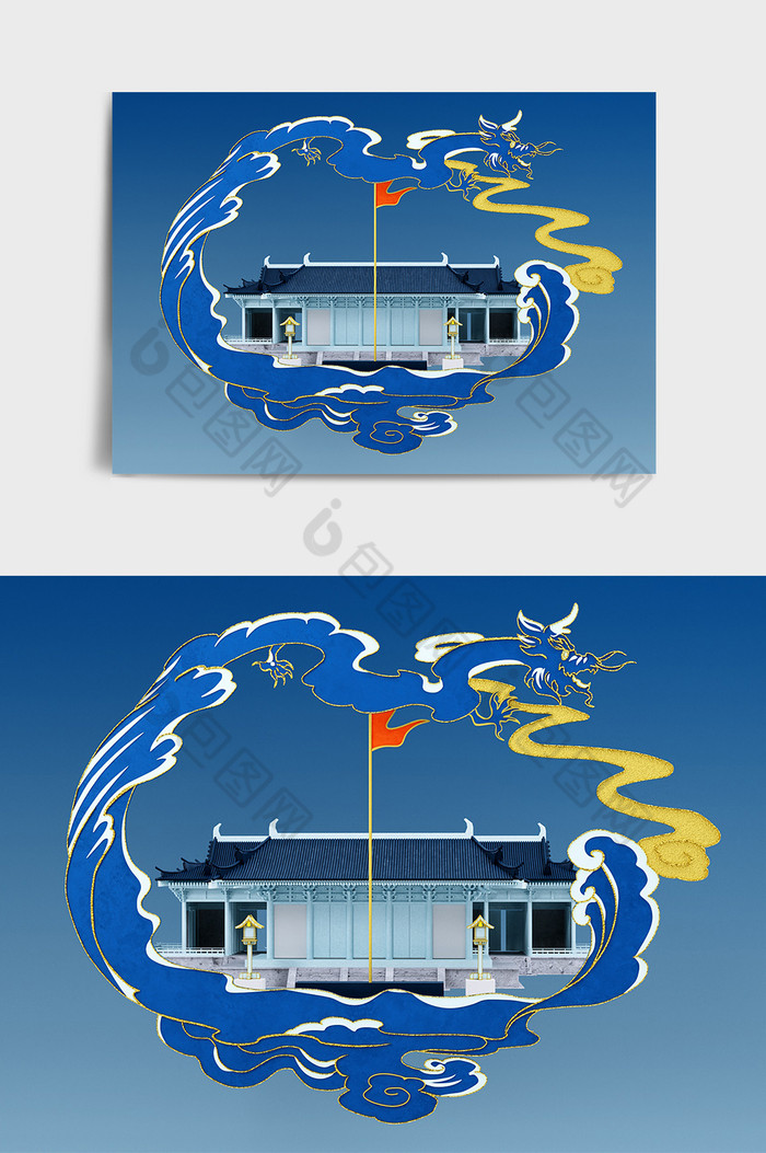 国潮鎏金陕西历史博物馆地标建筑C4D元素图片图片