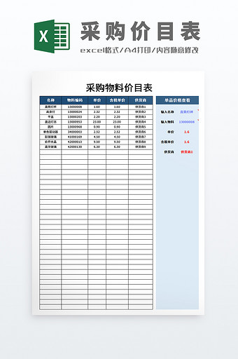 公式自动化采购物料价目表Excel模板图片